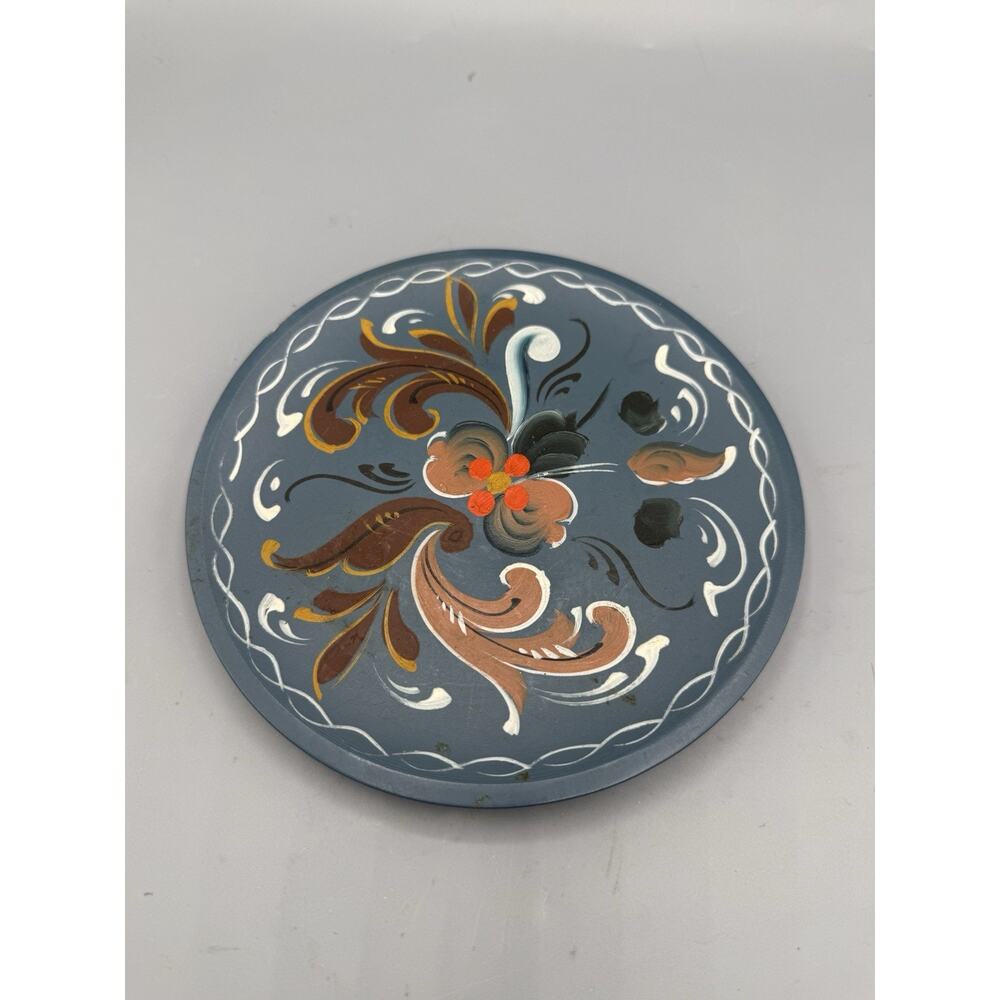 Vintage Hand Painted Wooden Trivet Folk Art Floral Blue Scandinavian 6.5”
